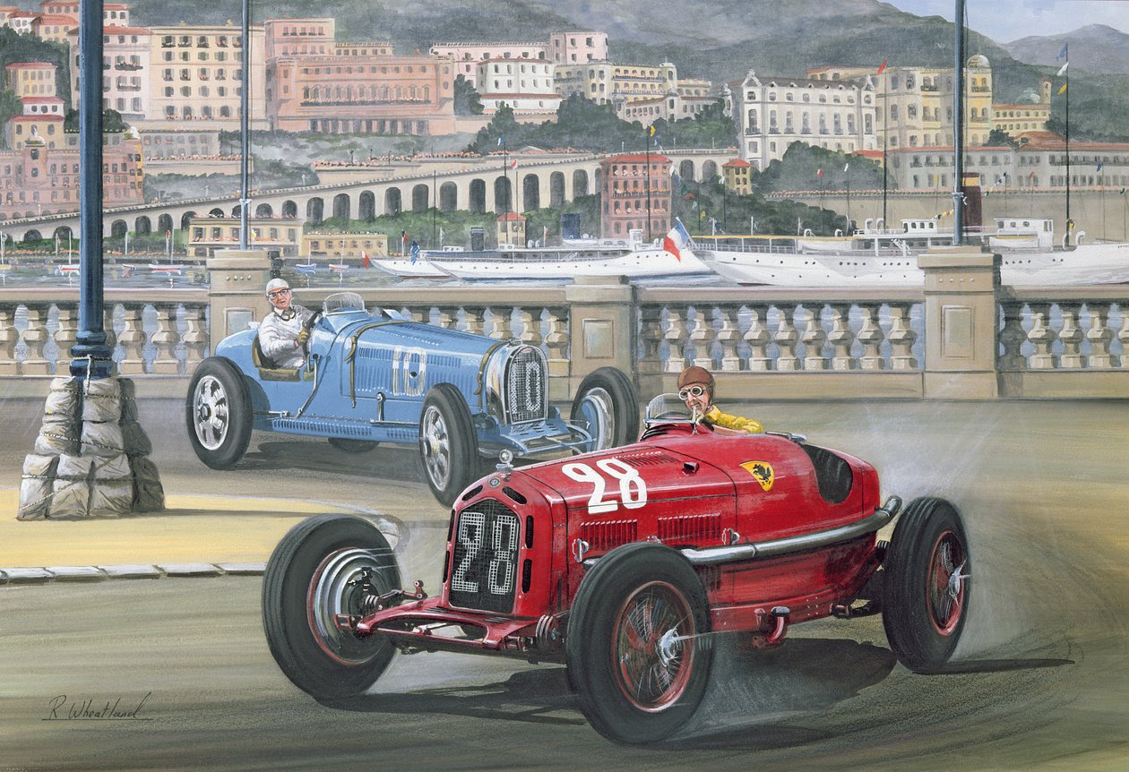 Duell på havnefronten, Monaco Grand Prix i 1933 (wc og gouache) av Richard Wheatland