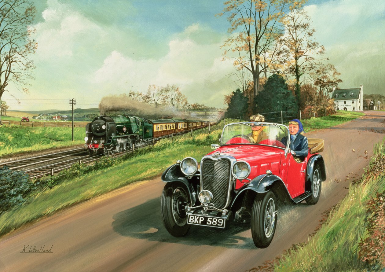 Racing the Train, 1995 (wc og gouache om bord) av Richard Wheatland