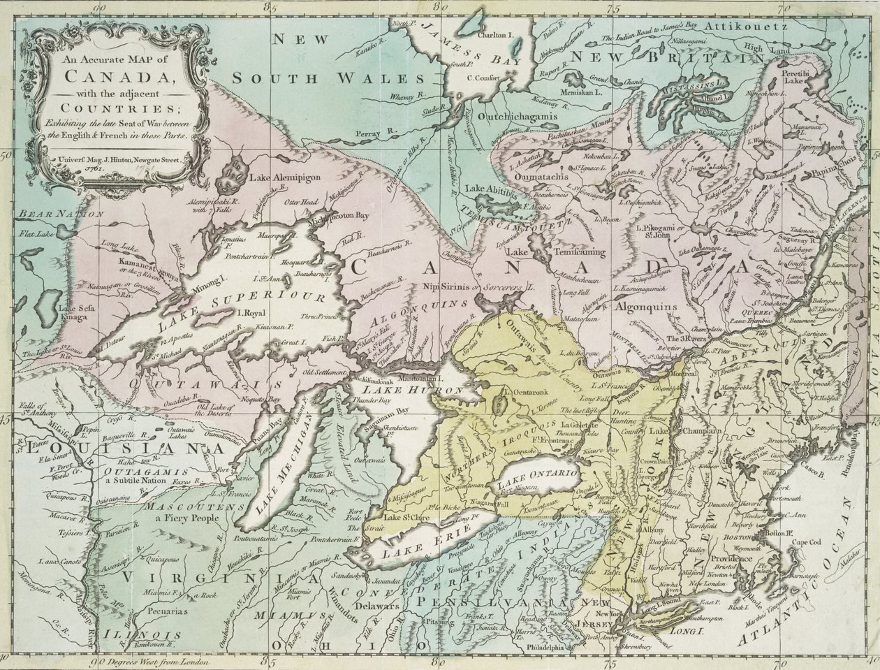Et nøyaktig kart over Canada, med de tilstøtende landene, 1761 av Richard William Seale