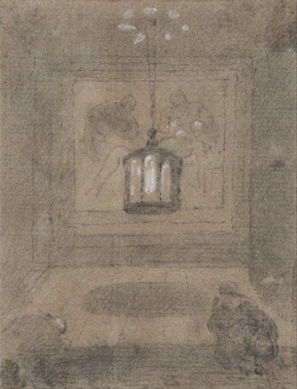 En underjordisk helligdom med to figurer som kneler foran en Pieta av Richard Wilson