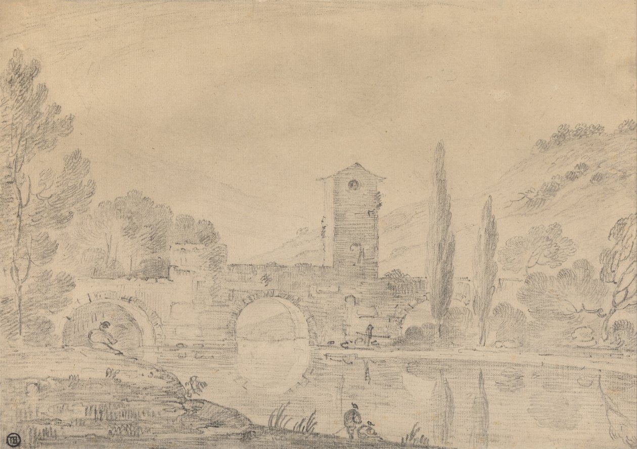Italiensk landskap med trebuede bro, brohus, figurer på nær banken og popler på Farthe ... av Richard Wilson