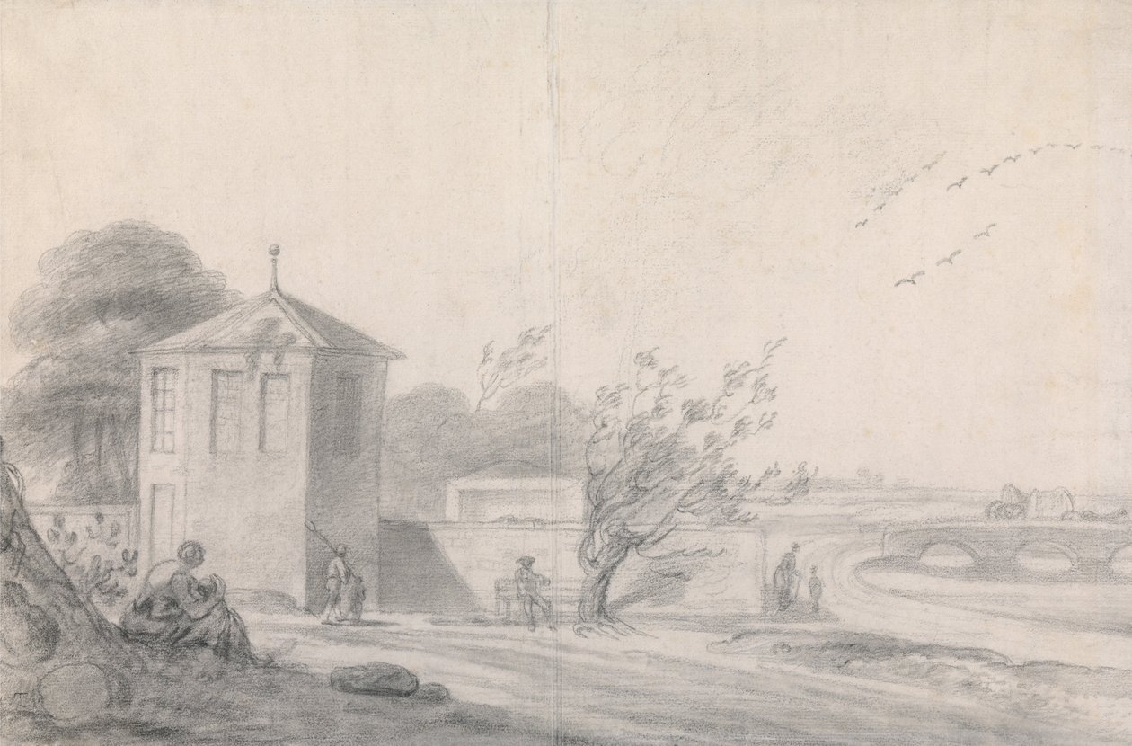 Riverside Scene med figurer, sekskantet bygning til venstre og hestetrukket kryssingsbro til høyre av Richard Wilson