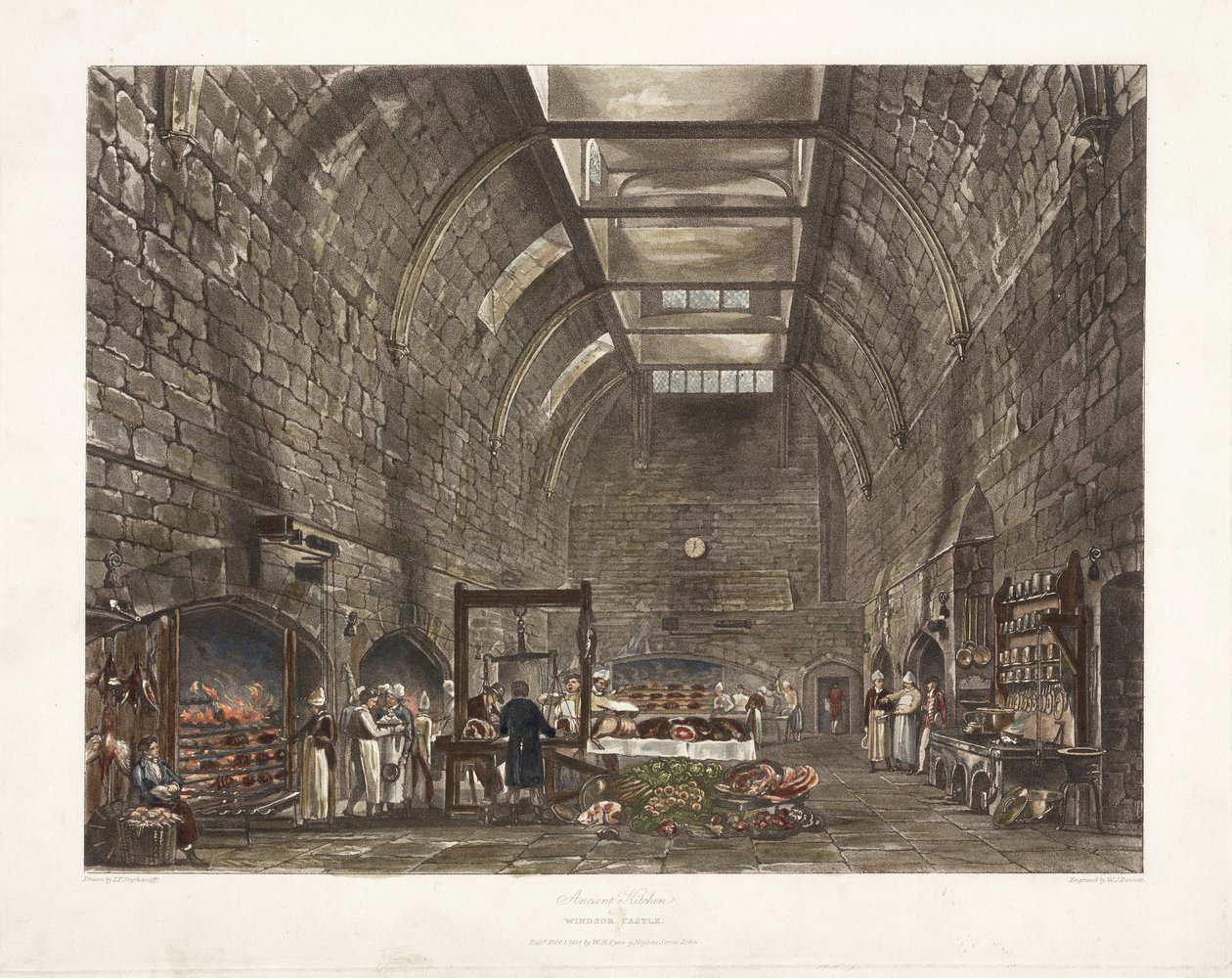 'Ancient Kitchen Windsor Castle', tidlig på 1800-tallet av John Pardon