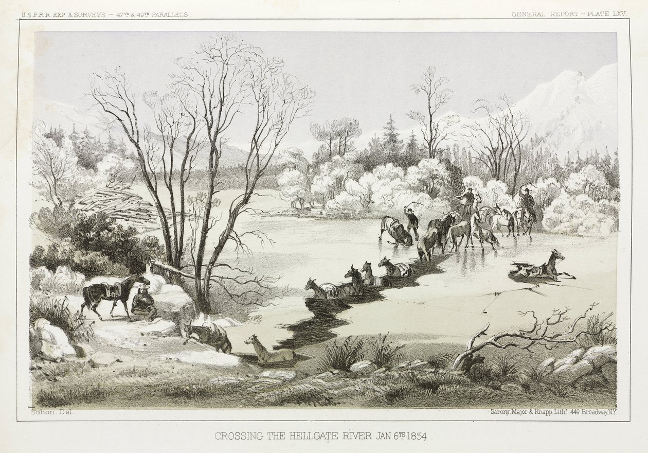 Krysser Hellgate River, Montana, USA, 6. januar 1854 av John Pardon
