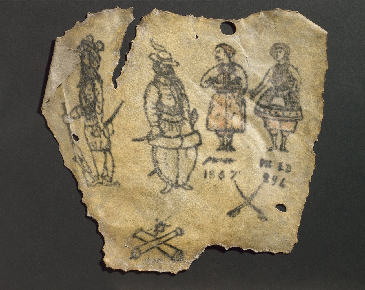 Menneskehud, tatovert med figurer, sannsynligvis fransk av John Pardon