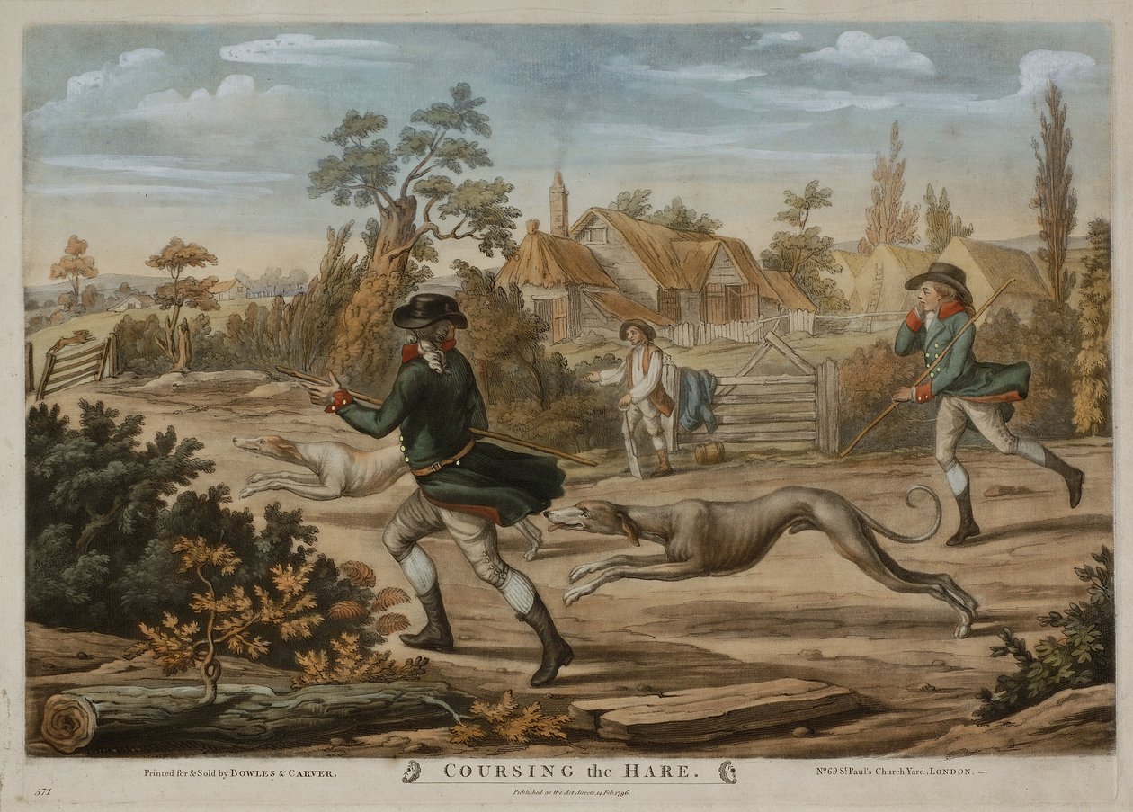 Coursing the Hare, trykt for Bowles & Carver, utgitt i 1796 (mezzotint) av Richard (after) Dighton