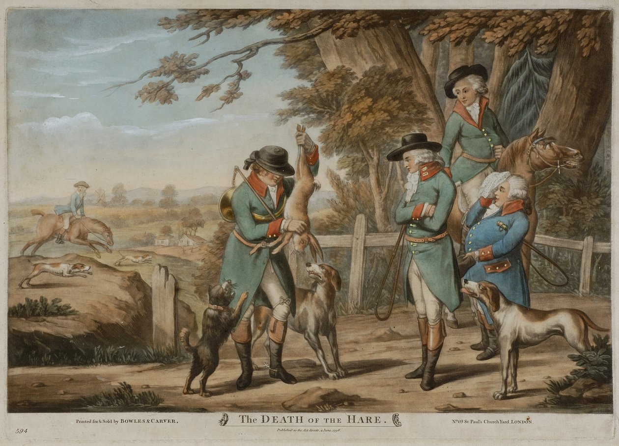 The Death of the Hare, trykt for Bowles & Carver, utgitt i 1796 (mezzotint) av Richard (after) Dighton