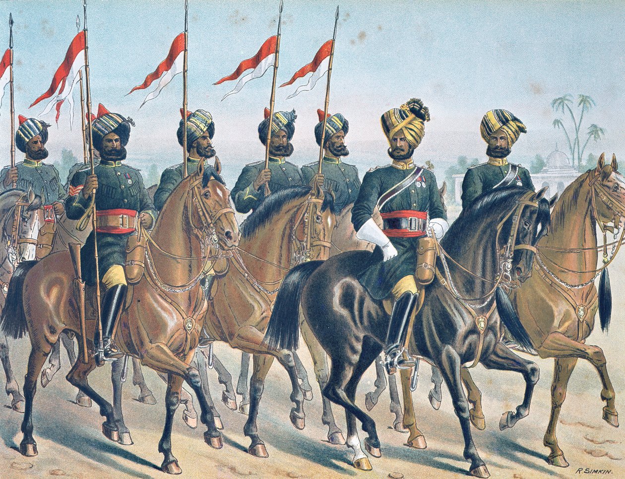 The 2ND Bombay Lancers, anmeldelsesordre, Anglo-Indian Army of the 1880s (color litho) av Richard (after) Simkin