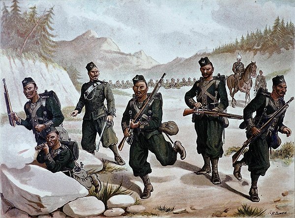 The 3rd Gurkhas Skirmishing, den anglo-indiske hæren på 1880-tallet (farge litho) av Richard (after) Simkin
