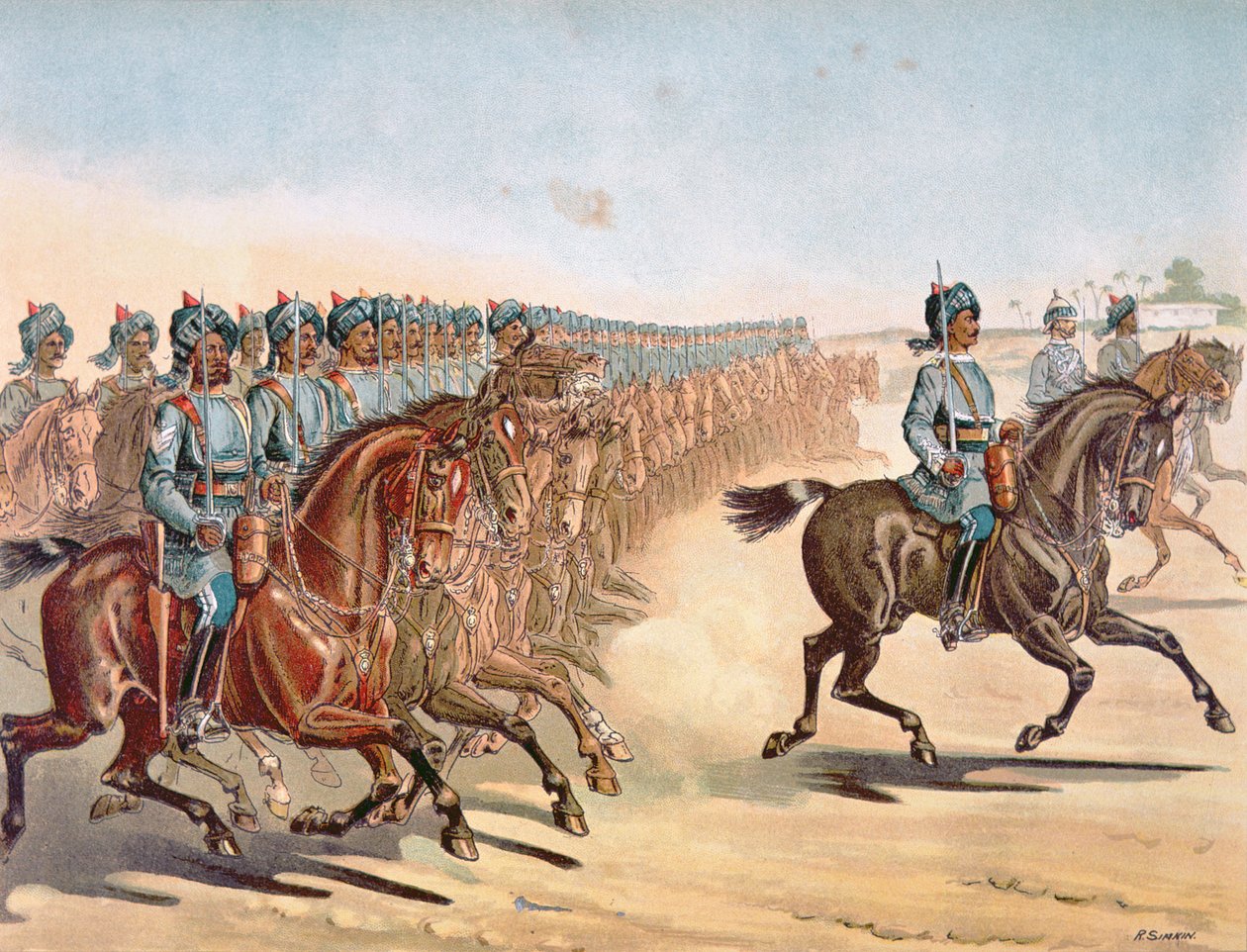 The 3rd Madras Light Cavalry, anmeldelsesordre, anglo-indiske hær på 1880-tallet (farge litho) av Richard (after) Simkin