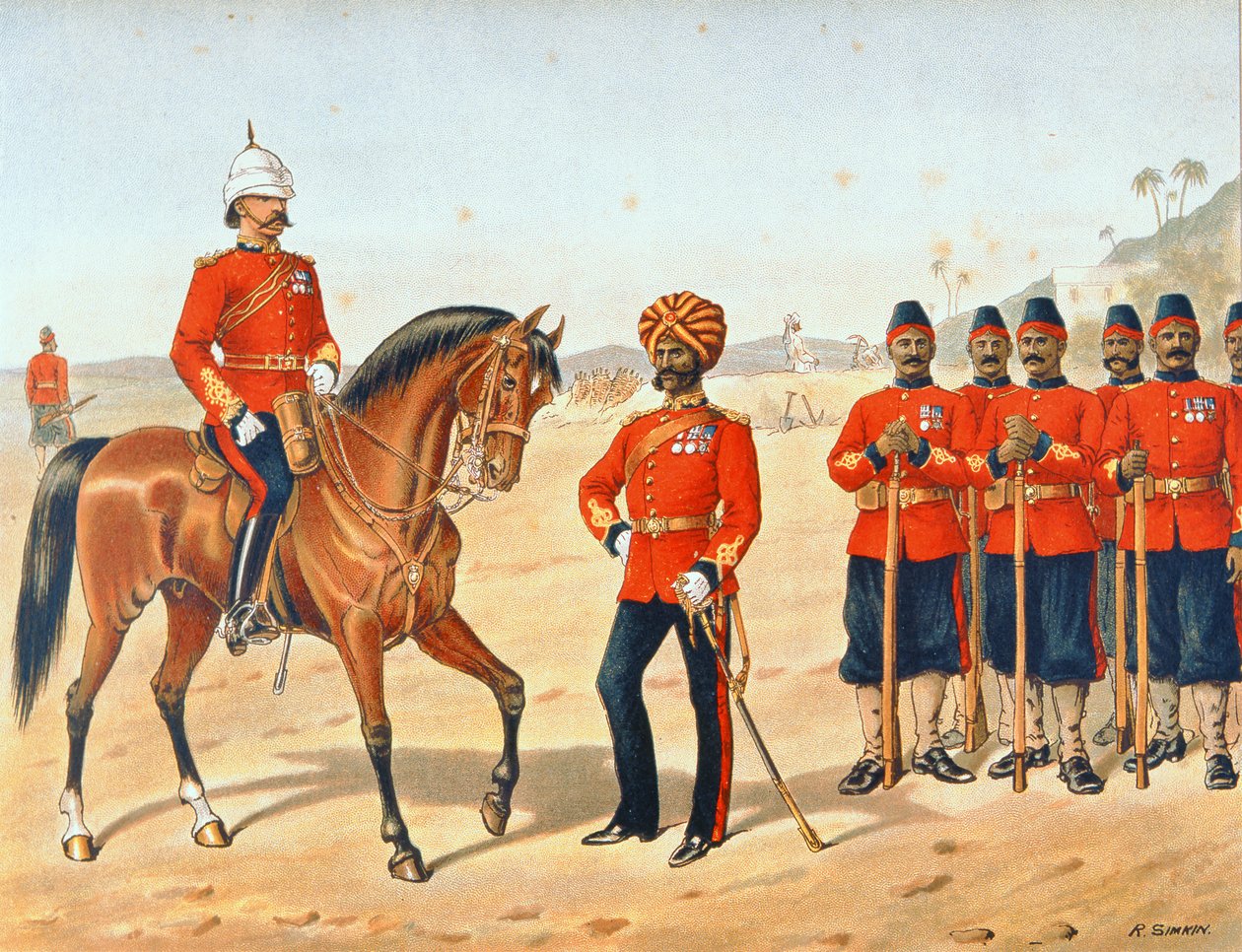 Dronningens egne Madras Sappers and Miners, Review Order, Anglo-Indian Army of the 1880s (color litho) av Richard (after) Simkin