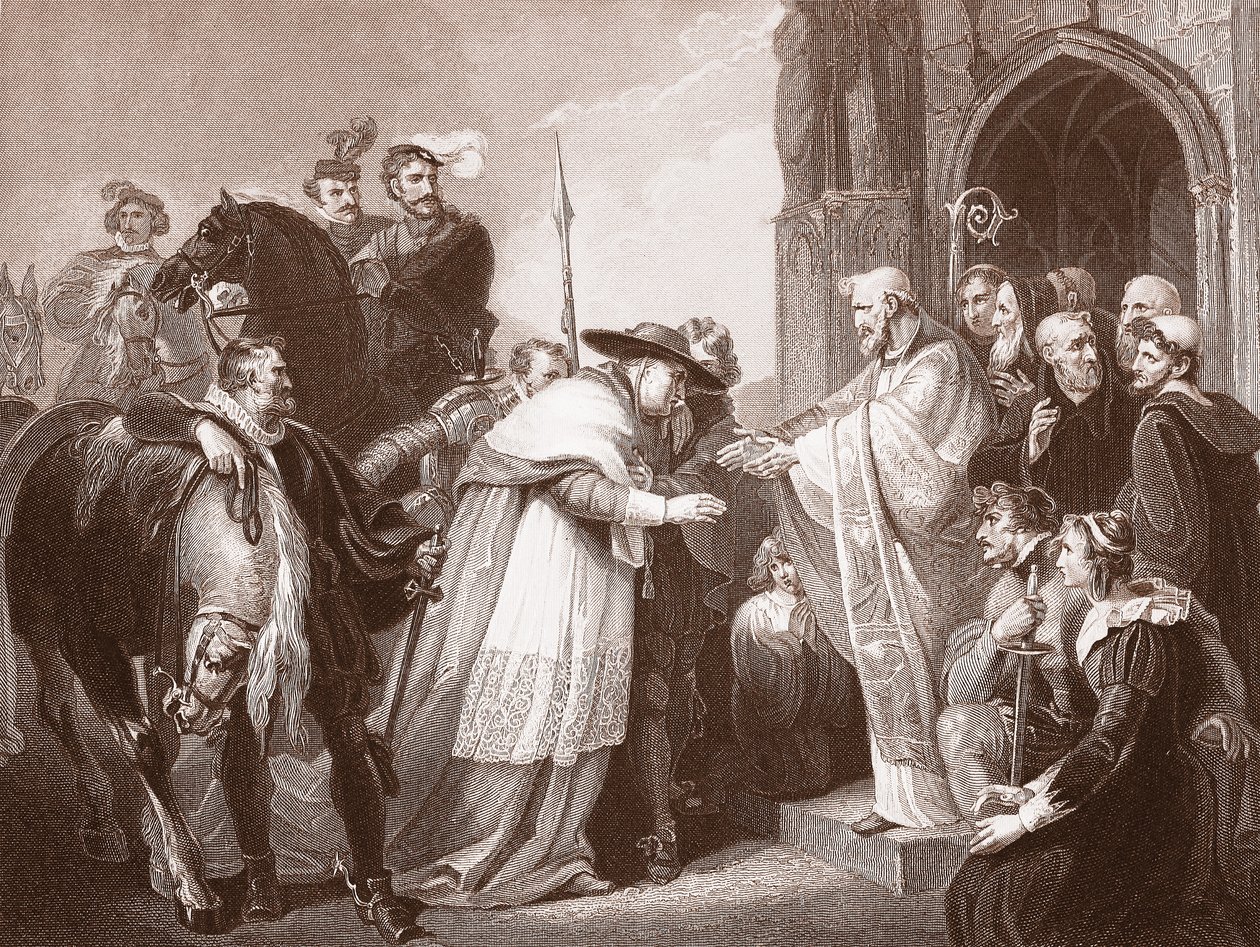 Kardinal Wolsey ved Leicester Abbey, gravert av R. Walther (litho) av Richard (after) Westall