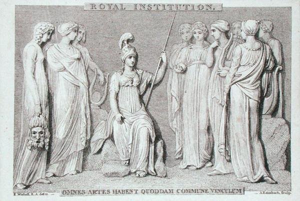 The Royal Institution-kortet, gravert av A. Rannbach, fra Michael Faradays utklippsbok (gravering) av Richard (after) Westall