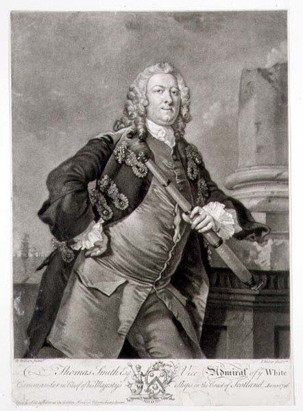 Portrett av admiral Thomas Smith (d.1762) viseadmiral av de hvite, gravert av John Faber (1684-1756) 1746 (gravering) av Richard (after) Wilson