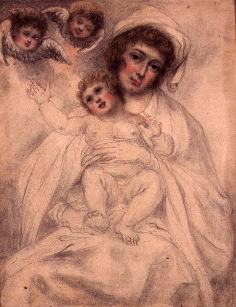 Mor og barn med kjeruber, ca. 1790 (akvarell og blyant på papir) av Richard (attr. to) Cosway