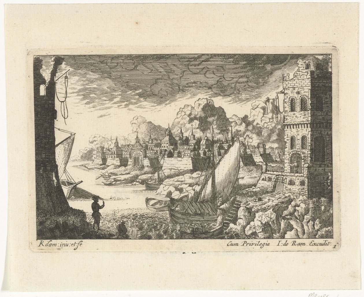 Bybilde med fiskehavn og fortøyningsbåt Bylandskap og havner (serietittel) av Richard Adam