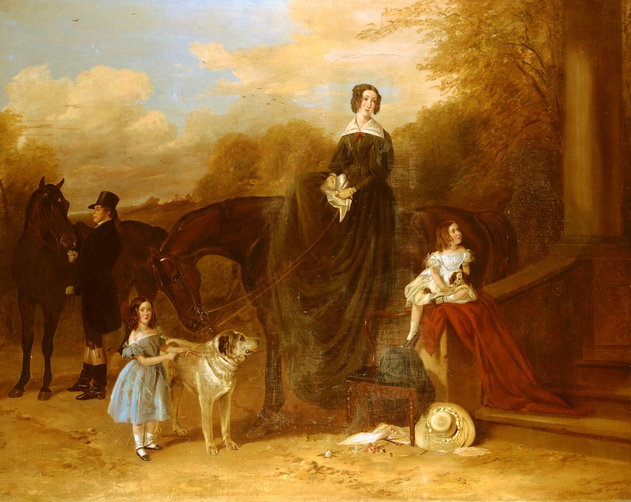 En familie med deres jegere og hunder utenfor en herregård, 1841 av Richard Ansdell