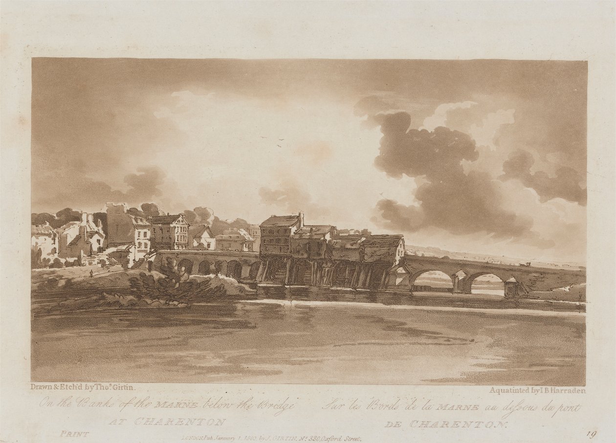 På bredden av Marne nedenfor broen ved Charenton 1803; Plate 19 fra Views in Paris, Emanuel Volume-sporingen av platen B1981.25.2628 av Richard Banks Harraden