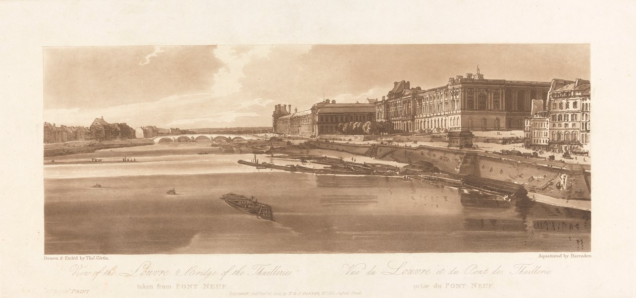 Utsikt over Louvre og Thuilleries bro, tatt fra Pont Neuf. 1802; Plate 2 fra Views in Paris, Emanuel Volume Tracing of plate, B1981.25.2613 av Richard Banks Harraden