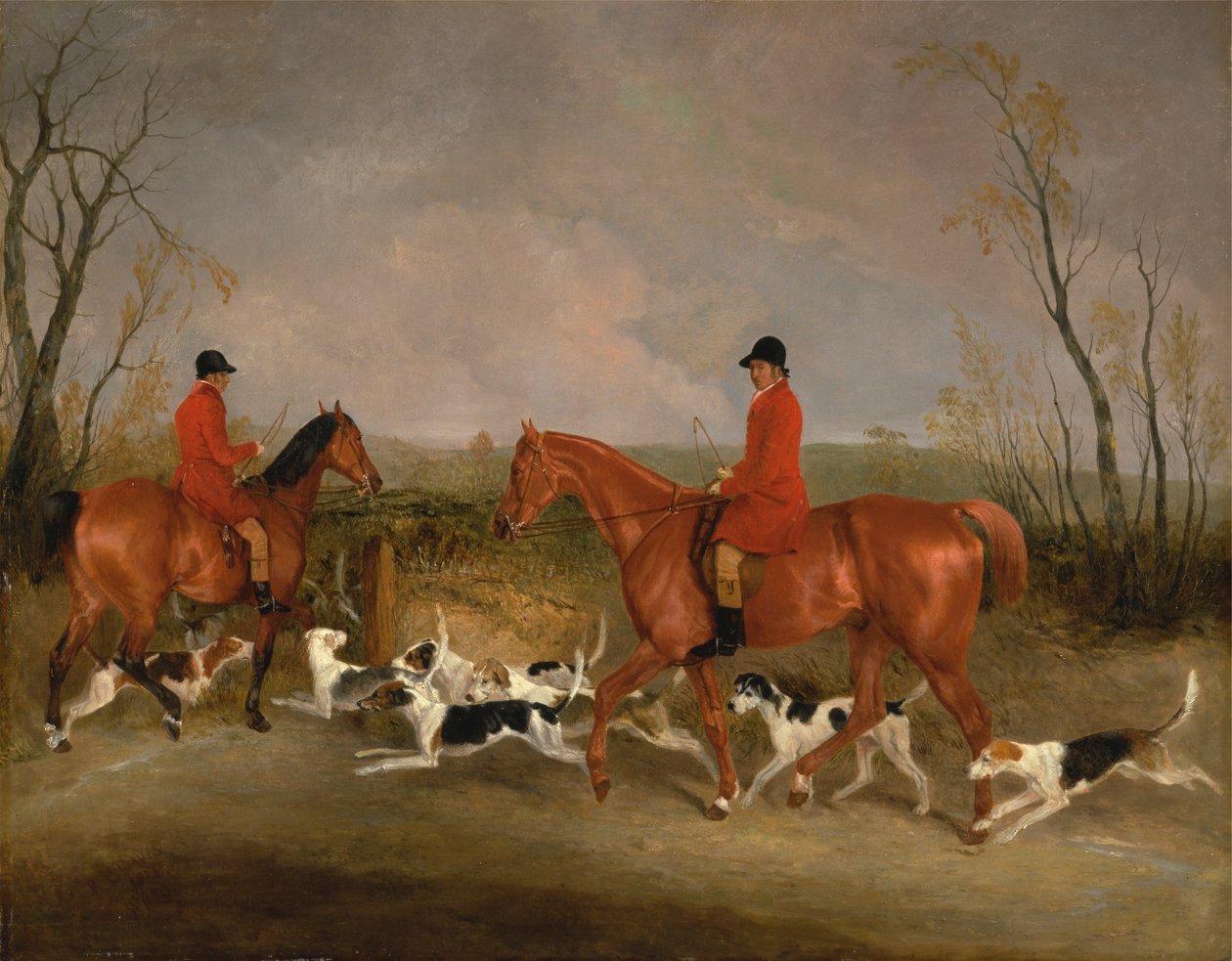 George Mountford, Huntsman to the Quorn, og W. Derry, Whipper-In, ved John O'Gaunt's Gorse, nær Melton Mowbray av Richard Barrett Davis