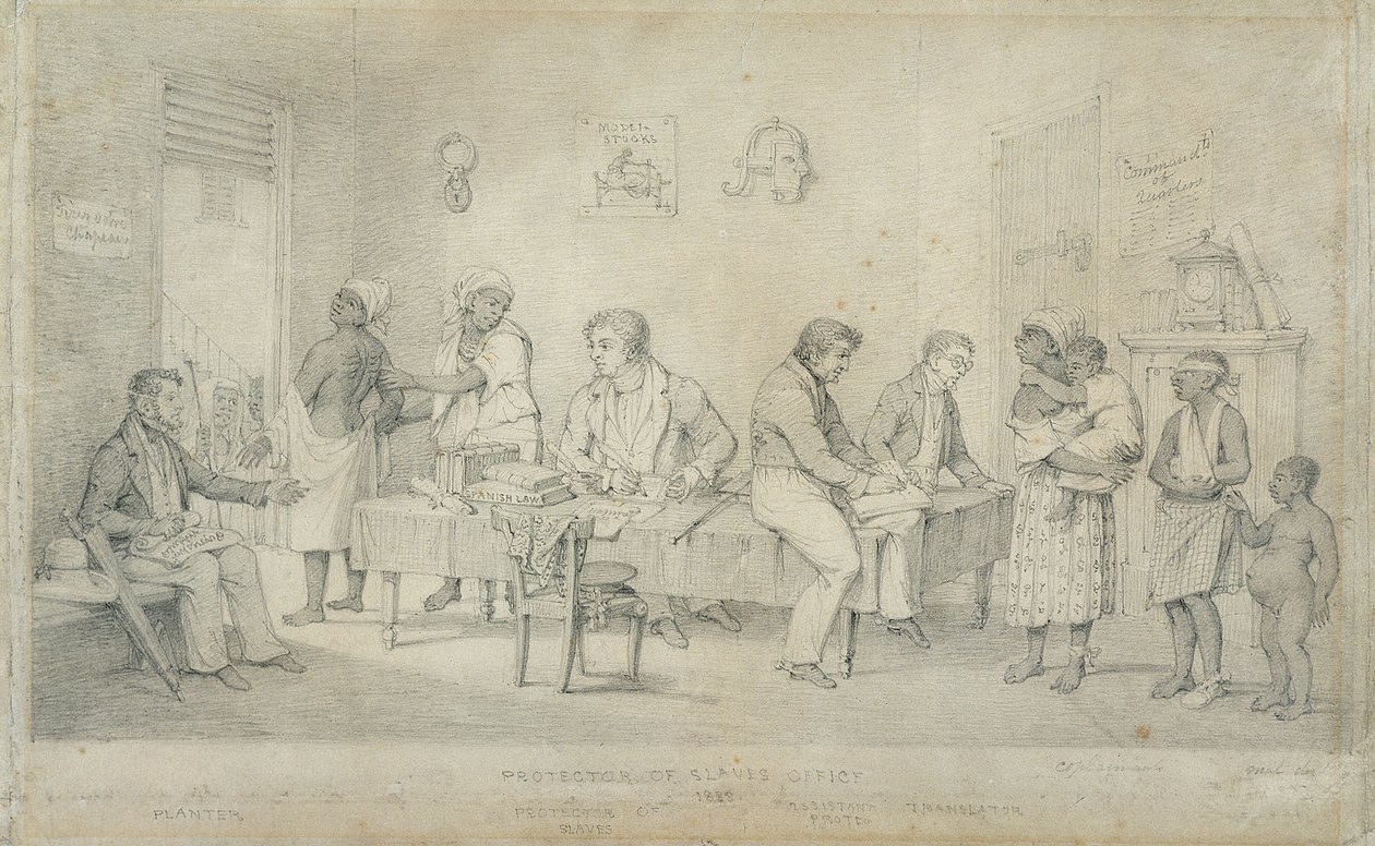 Protector of Slaves Office, Trinidad, ca. 1833 (grafitt på vevd papir) av Richard Bridgens