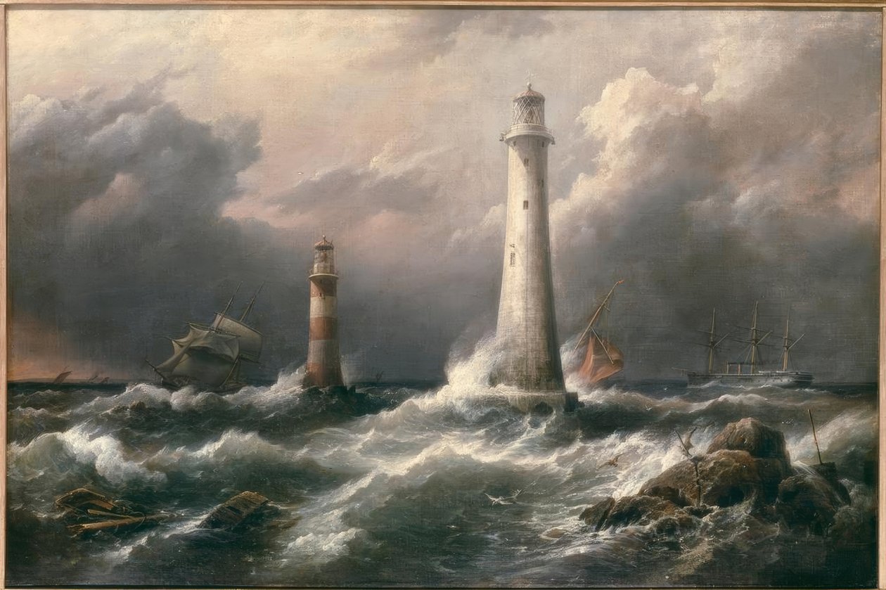 H.M.S. Lord Warden utenfor Eddystone Lighthouses av Richard Brydges Beechey