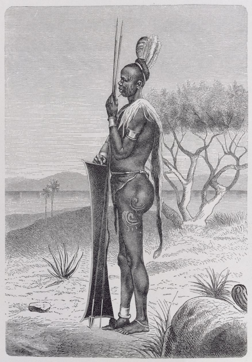 En tatovert Shuli-svart person med våpnene sine, fra 'The History of Mankind', Vol.III, av Prof. Friedrich Ratzel, 1898 av Richard Buchta