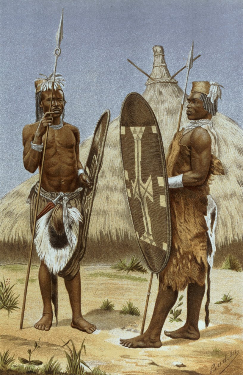 Nyam-nyam-krigere, fra 'The History of Mankind', bind III, av prof. Friedrich Ratzel, 1898 av Richard Buchta