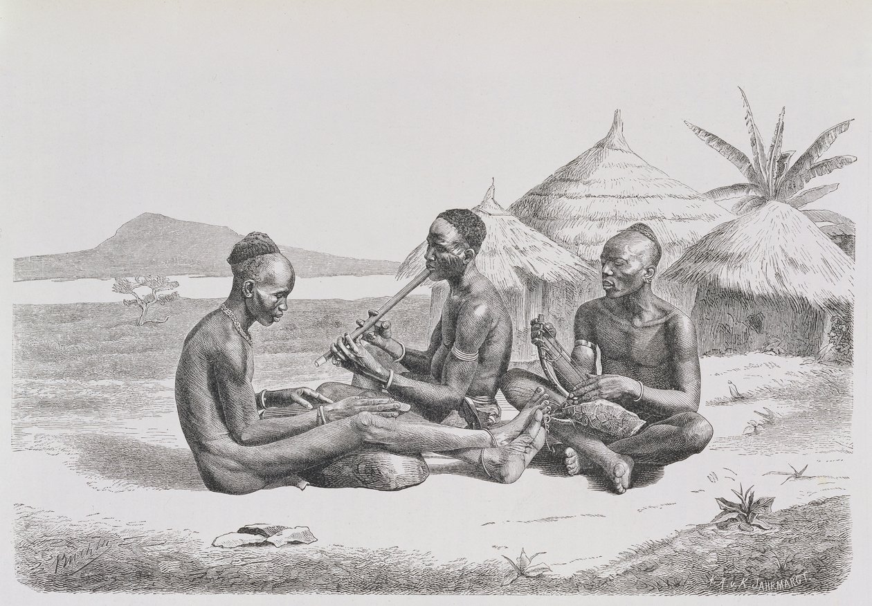 Shuli svart spiller musikk, fra 'The History of Mankind', Vol. III, av Prof. Friedrich Ratzel, 1898 av Richard Buchta