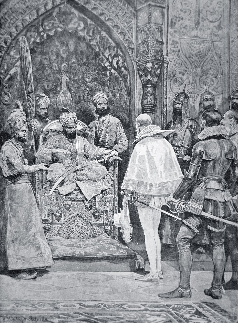 Akbar den store mottar dronning Elizabeths ambassadør i 1599 (litho) av Richard Caton (after) Woodville
