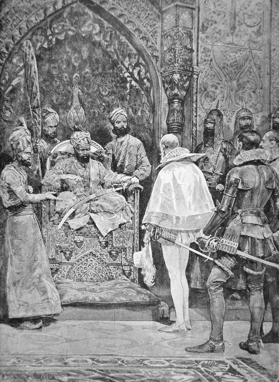 Den engelske ambassadøren i India i 1615 (litho) av Richard Caton II (after) Woodville