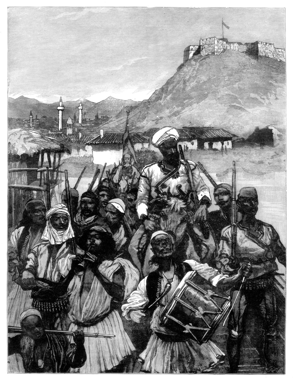 Albanere fra Scutari krysser Boyana for å okkupere Dulcigno, 1880. av Richard Caton II Woodville