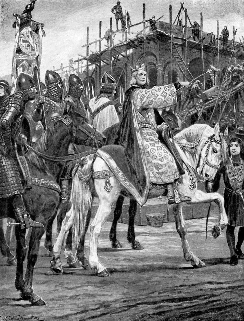 Edward the Confessor ser på bygningen av Westminster Abbey, c1050, c1920. av Richard Caton II Woodville