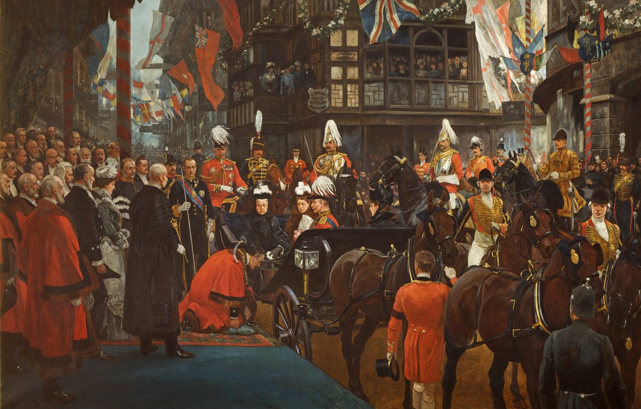 Queen Victoria Knighting Herbert Ashman, Esq., First Lord Mayor of Bristol, i Council House, 12. november av Richard Caton II Woodville