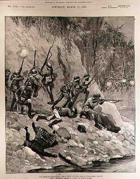The Burmah Expedition: Fight with Dacoits, 12. januar, nær Shoay Green, fra The Illustrated London News, 13. mars 1886 av Richard Caton II Woodville