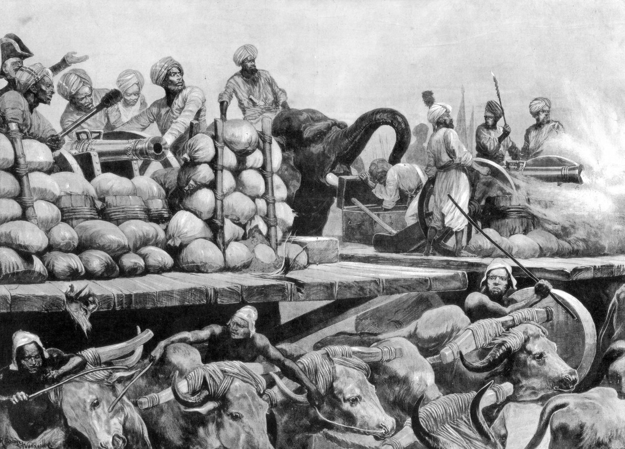 Nawab Siraj Ud Daulahs artilleri på dens bevegelige plattform, India, 1757, 1893. av Richard Caton II Woodville