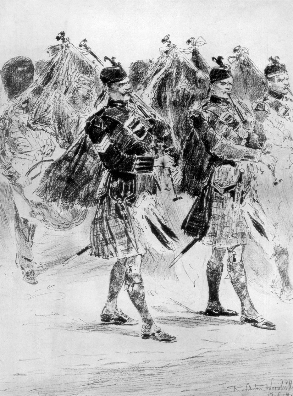 To the Wail of the Pipes, The Highland Soldiers Lament, 1910. av Richard Caton II Woodville