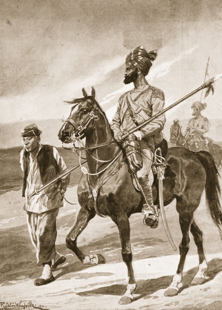 En Bengal Lancer og hans Boxer-fange, illustrasjon fra 'Battles of the Nineteenth Century: Vol. VII, Den kinesiske krigen 1900-1901' av Archibald Forbes, GA Henty og major Arthur Griffiths av Richard Caton Woodville