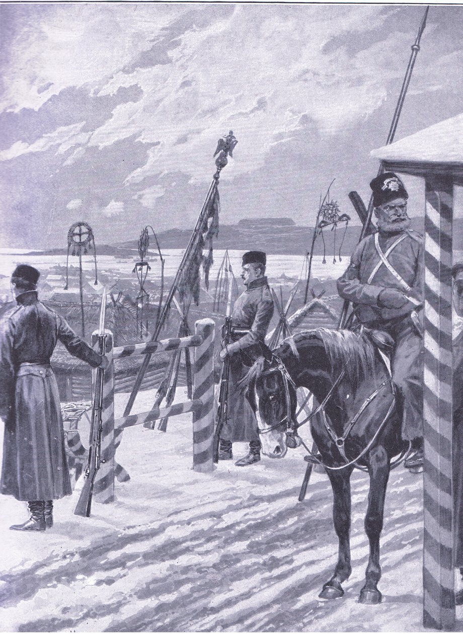 En kosakkstasjon i Manchuria med stammeskilt over herrehyttene, illustrasjon fra Cassells History of the Russo-Japanese War Vol 1, ca. 1900 av Richard Caton Woodville