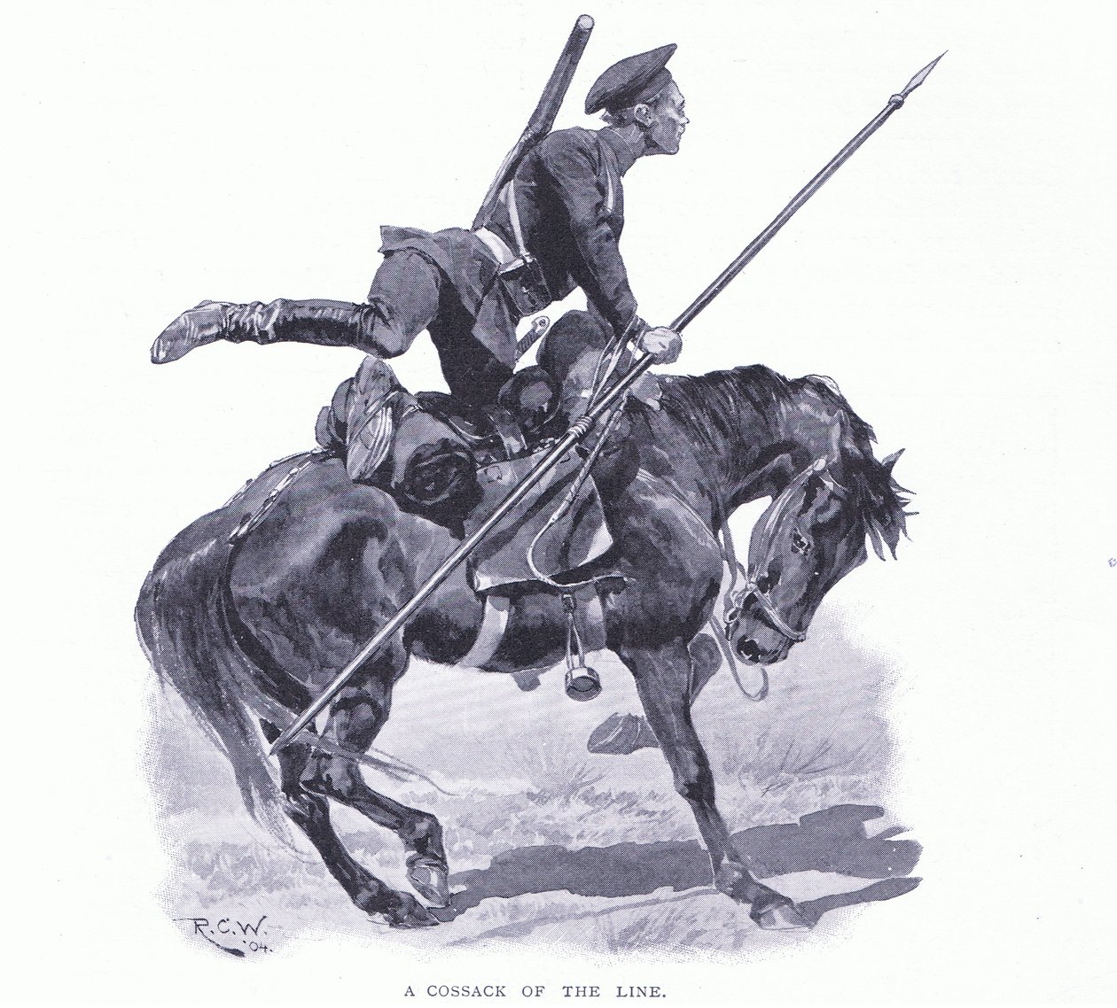 En kosakk av linjen, illustrasjon fra Cassells History of the Russo-Japanese War Vol 1, ca. 1900 av Richard Caton Woodville