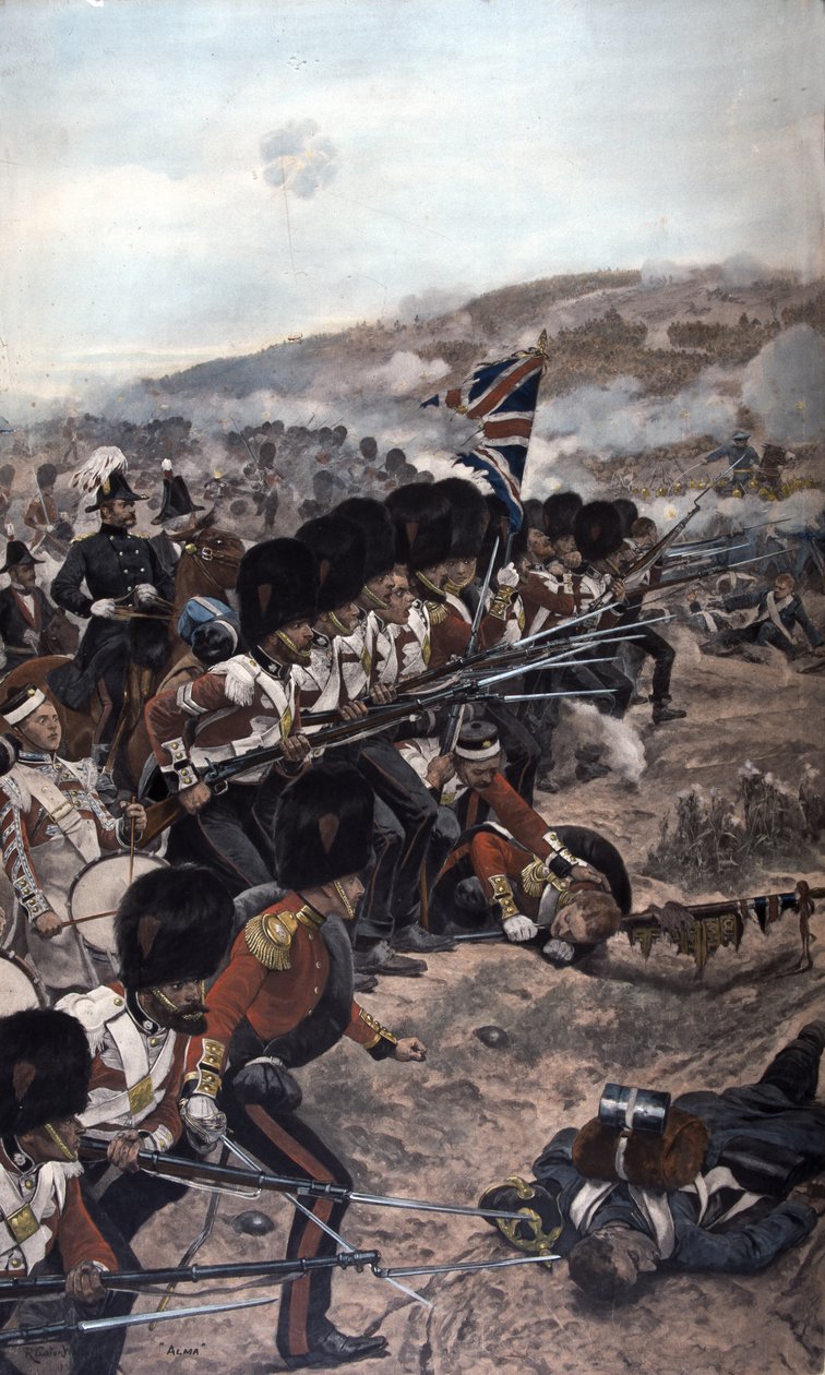 En rekke Coldstream-gardister med faste bajonetter som rykker frem under ild mot fienden, Slaget ved Alma, Krimkrigen (1854-56) 1896 (fargefotogravyr) av Richard Caton Woodville