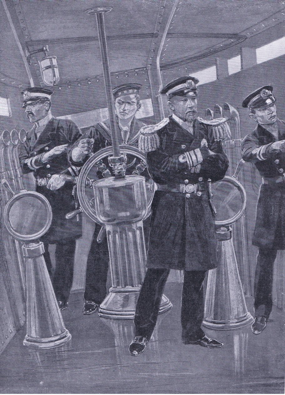 Admiral Togo i Conning Tower på flaggskipet hans, dirigerer en marineaksjon, illustrasjon fra Cassells History of the Russo-Japanese War Vol 1, ca. 1900 av Richard Caton Woodville