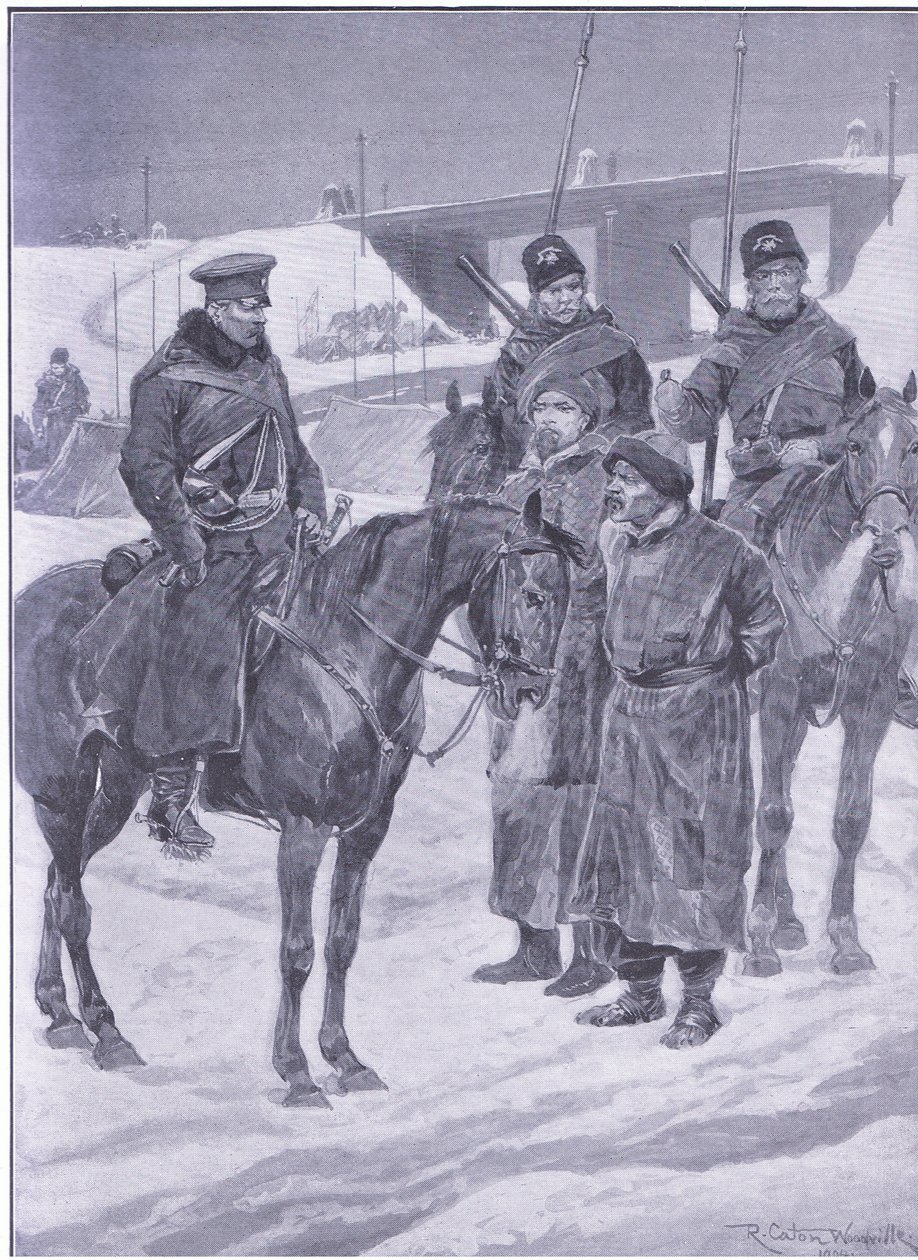 Arrestasjon av japanske spioner oppdaget som kulier , illustrasjon fra Cassells History of the Russo-Japanese War Vol 1, ca. 1900 av Richard Caton Woodville