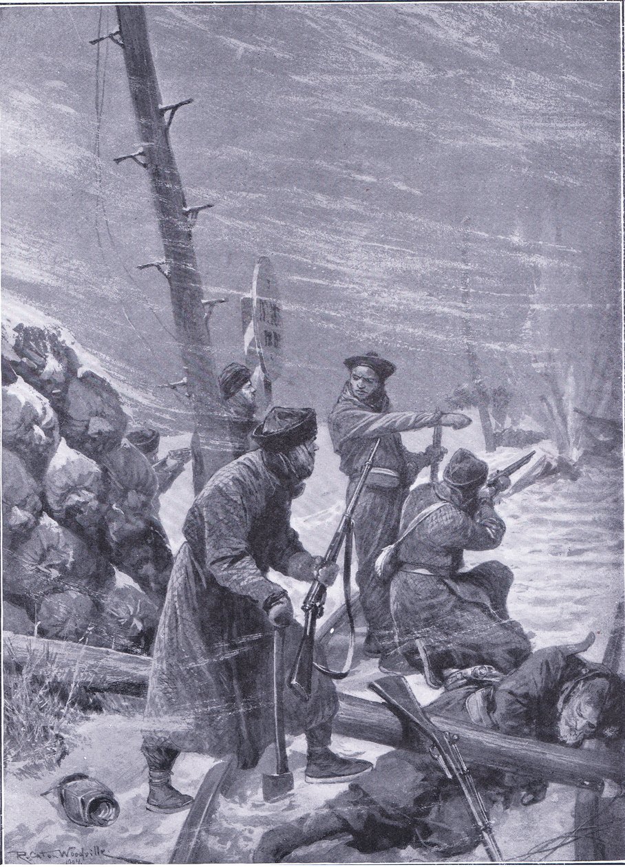 Angrep på jernbanen av Chunchuses, illustrasjon fra Cassells History of the Russo-Japanese War Vol 1, ca. 1900 av Richard Caton Woodville