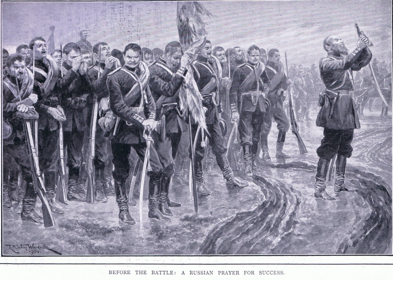Før slaget: En russisk bønn om suksess, illustrasjon fra Cassells History of the Russo-Japanese War Vol 1, ca. 1900 av Richard Caton Woodville