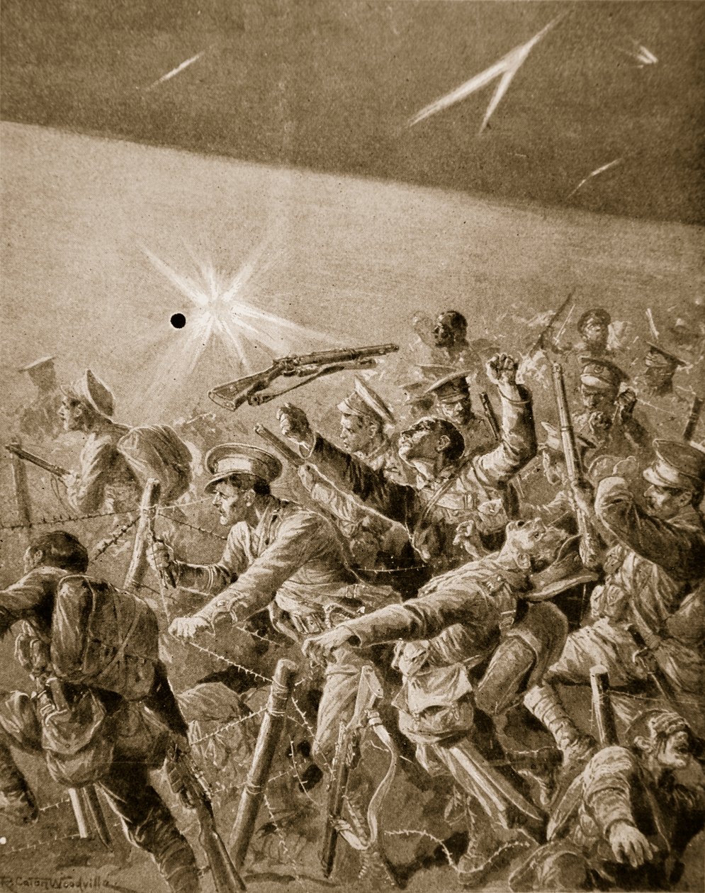 Britisk infanteri tvang seg gjennom tyske trådforviklinger, 1914-19 av Richard Caton Woodville