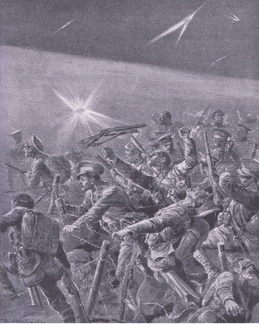 Fanget i piggtrådforviklinger: Nattagrep av britisk infanteri, fra History of the Great War Vol 3 utgitt av Waverley Book Co Limited, ca. 1920 av Richard Caton Woodville