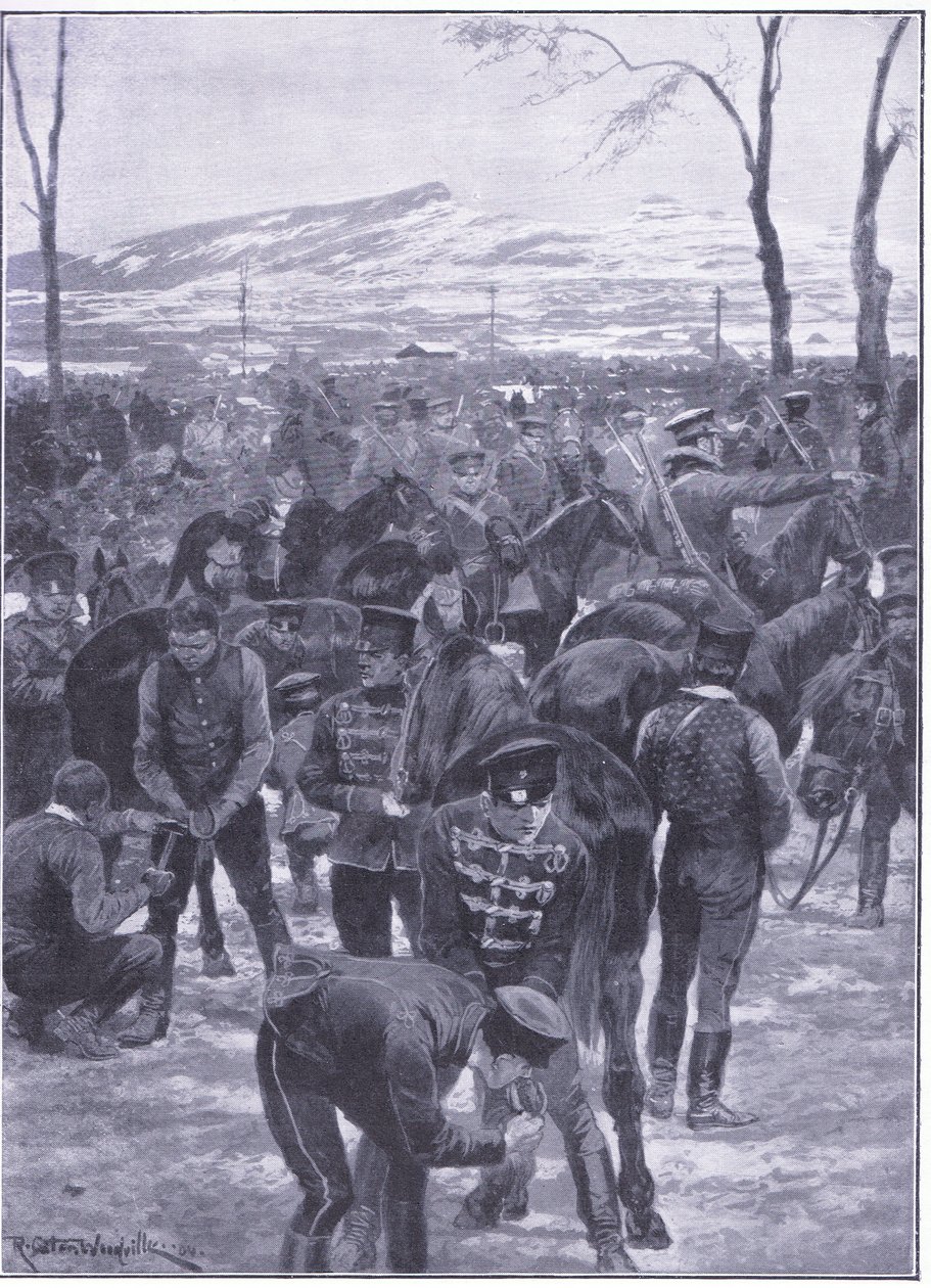 Japansk kavalerileir i Seoul: hovslagere i arbeid, illustrasjon fra Cassells History of the Russo-Japanese War Vol 1, ca. 1900 av Richard Caton Woodville