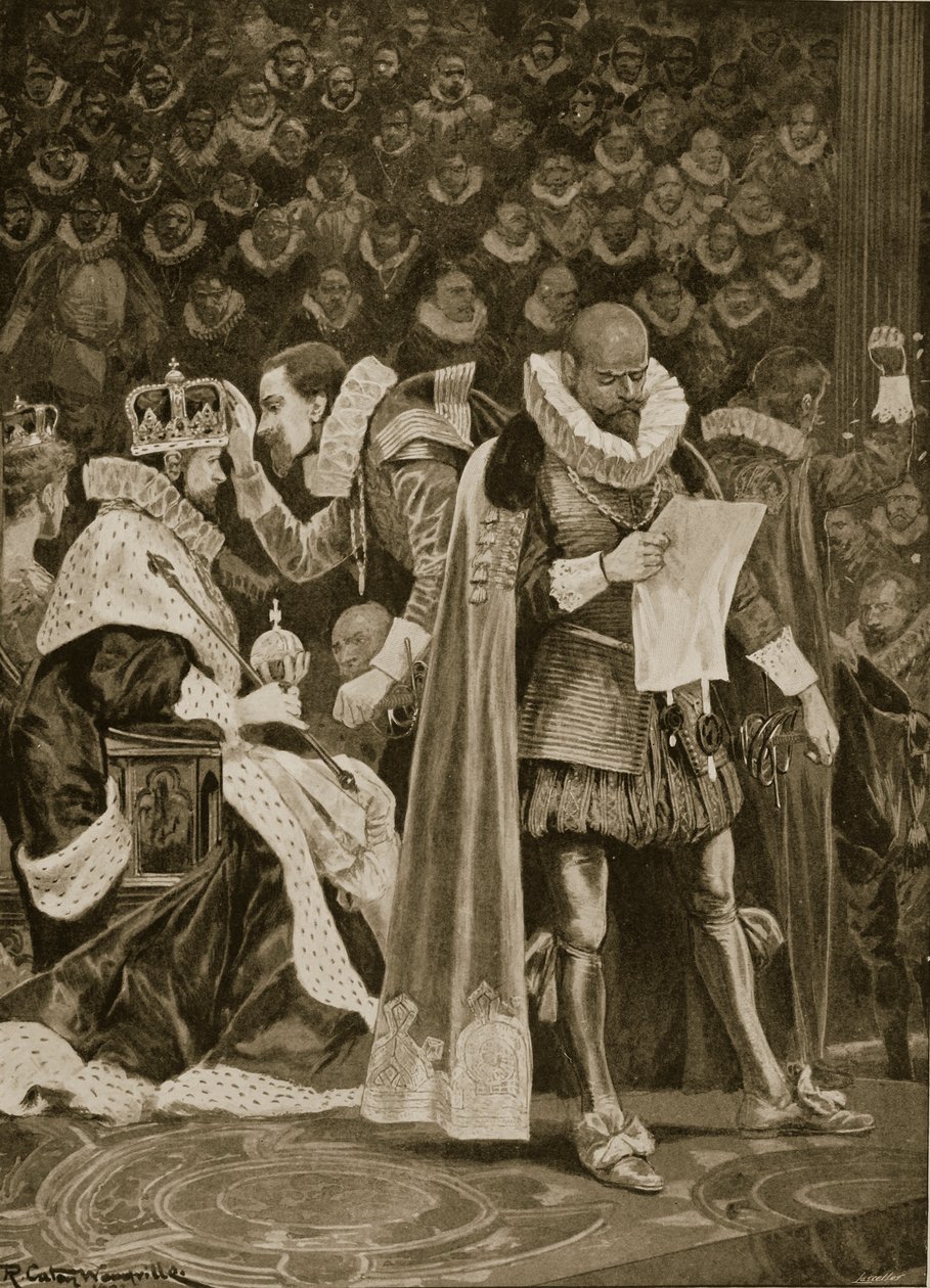 The Homage, the Largesse and the General Benådning ved kroningen av James I og Anne av Danmark, 25. juli 1603, fra 'The Illustrated London News', 1902 av Richard Caton Woodville