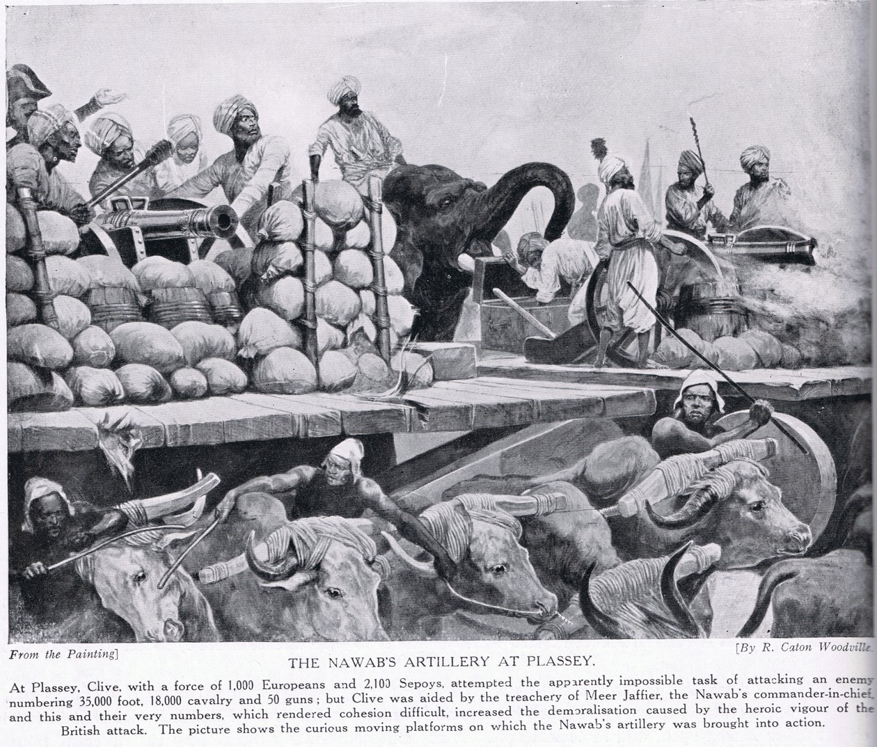 Nawabs artilleri ved Plassey, illustrasjon fra 'Hutchinson's Story of the British Nation', ca. 1923 av Richard Caton Woodville